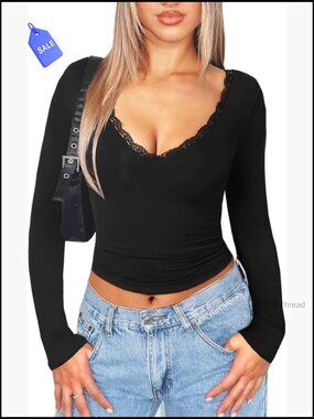 V Neck Lace Long Sleeve Crop Top Cute Going Out